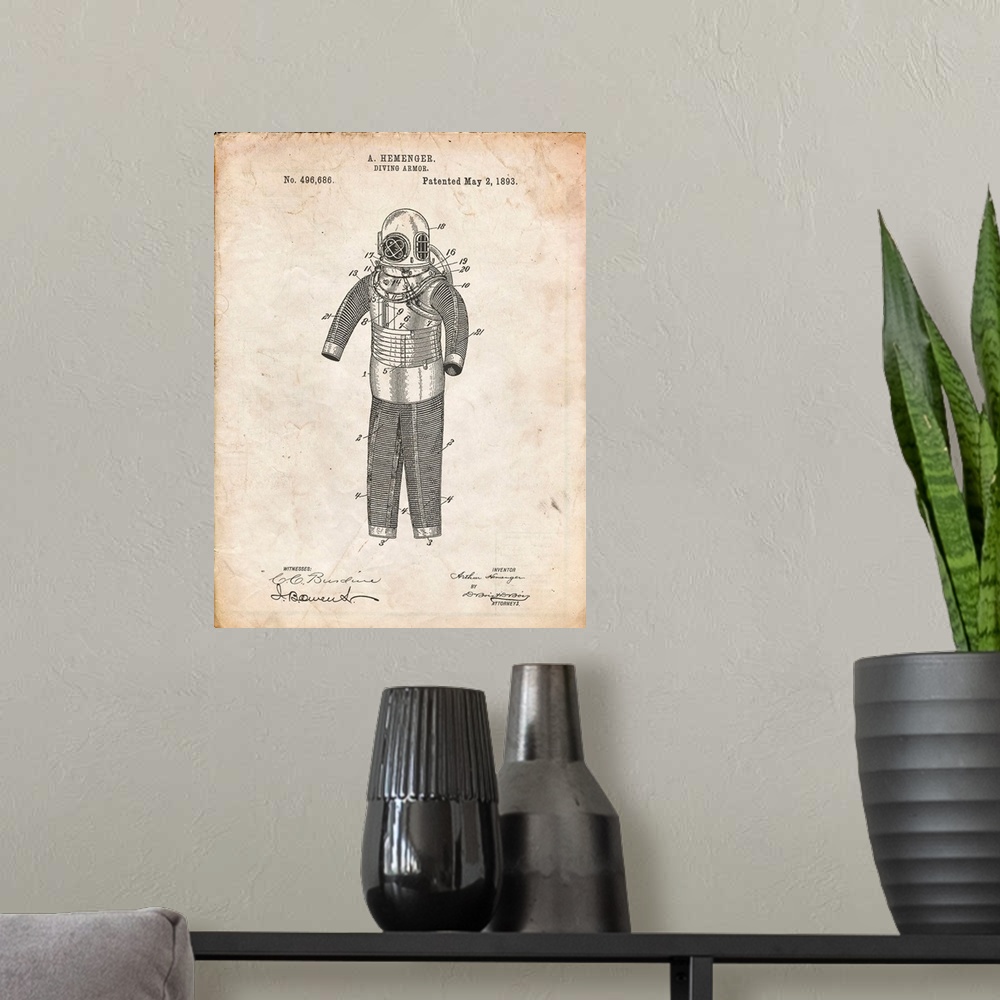 A modern room featuring Vintage Parchment Hemenger Diving Armor Poster