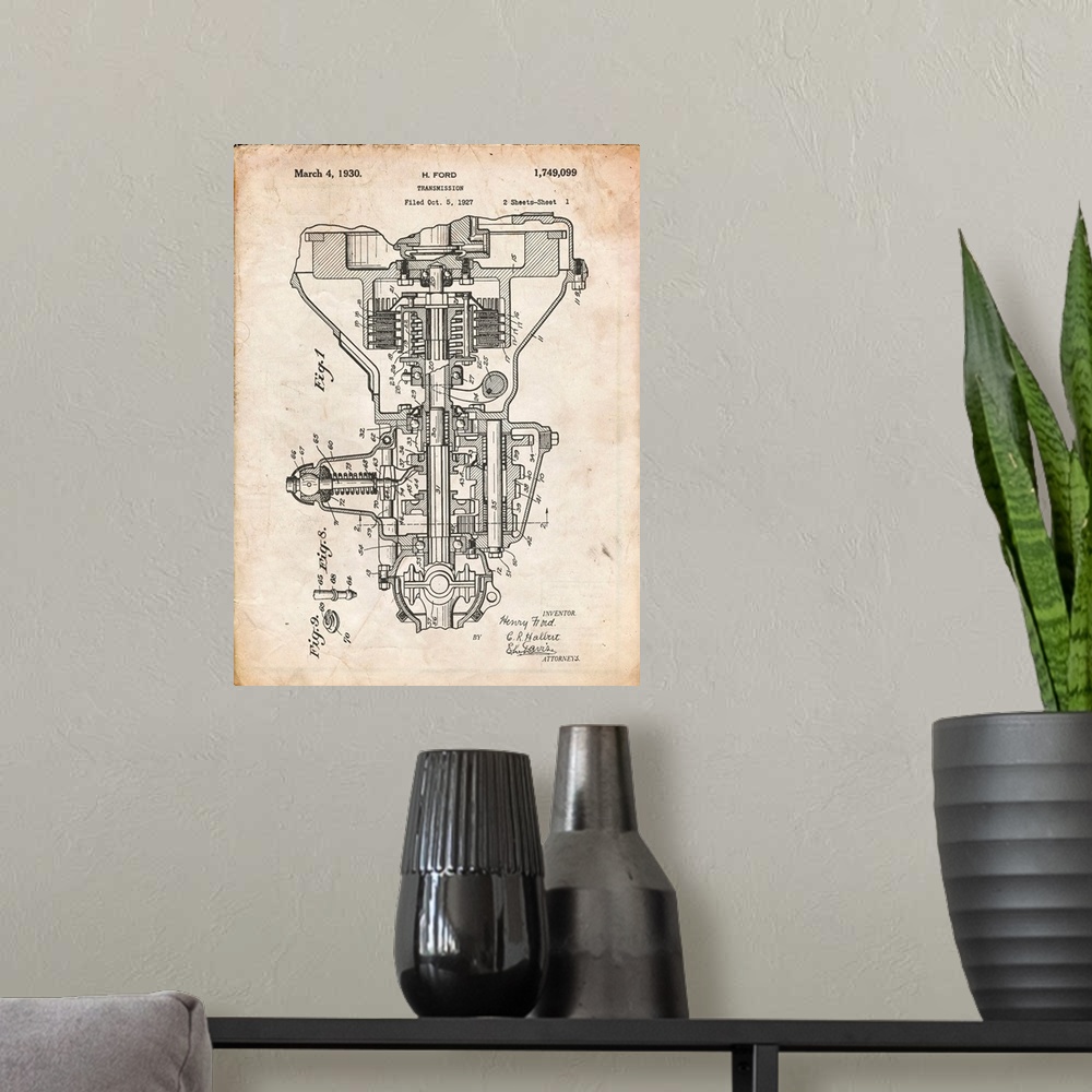 A modern room featuring Vintage Parchment Henry Ford Transmission Patent Poster