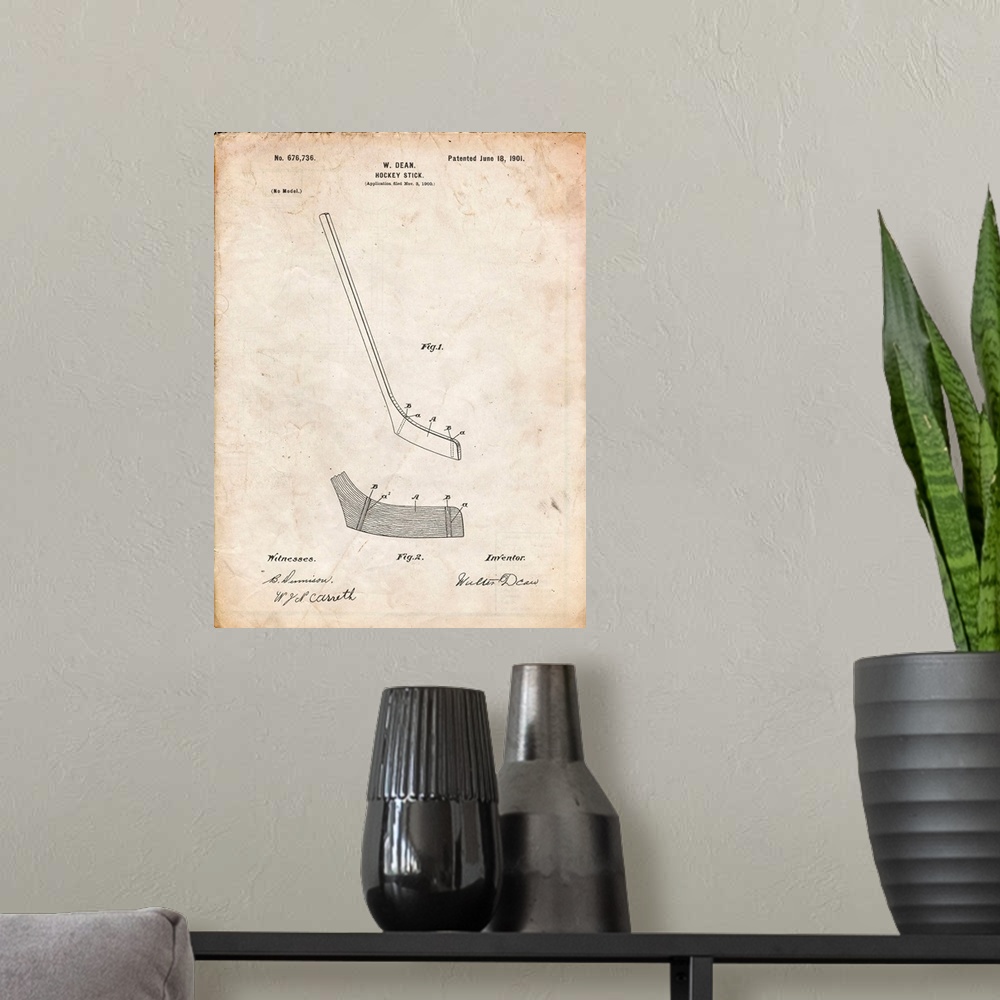 A modern room featuring Vintage Parchment Hockey Stick Patent Poster