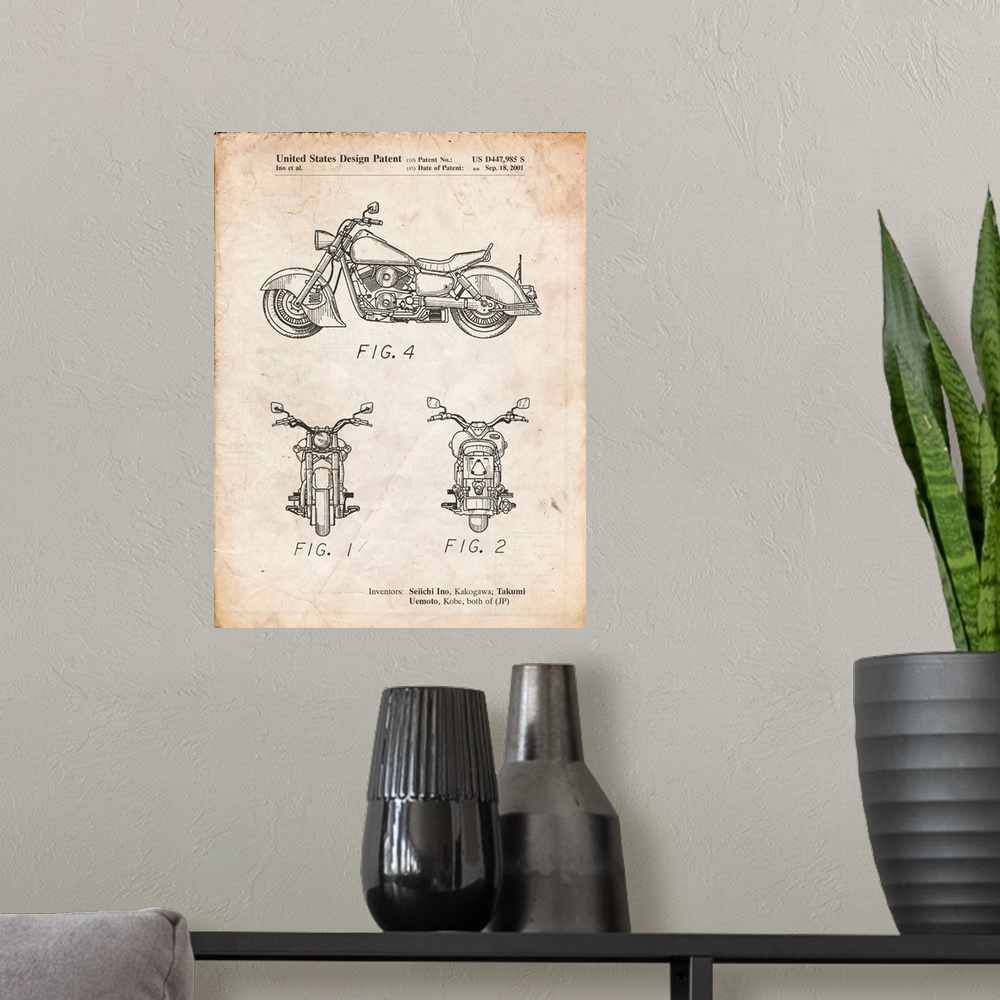 A modern room featuring Vintage Parchment Kawasaki Motorcycle Patent Poster