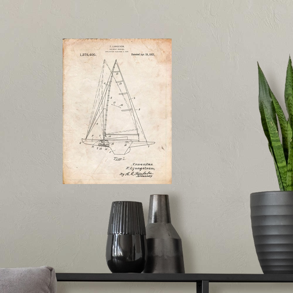 A modern room featuring Vintage Parchment Ljungstrom Sailboat Rigging Patent Poster