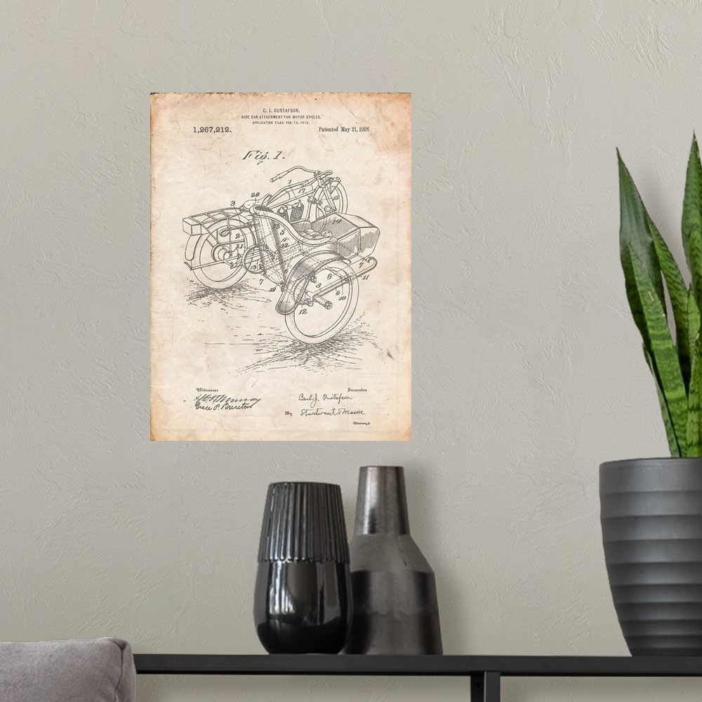 A modern room featuring Vintage Parchment Motorcycle Sidecar 1918 Patent Poster