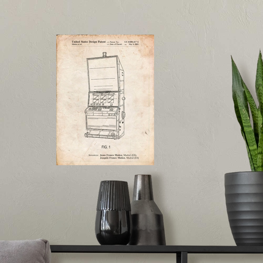 A modern room featuring Vintage Parchment Slot Machine Patent Poster