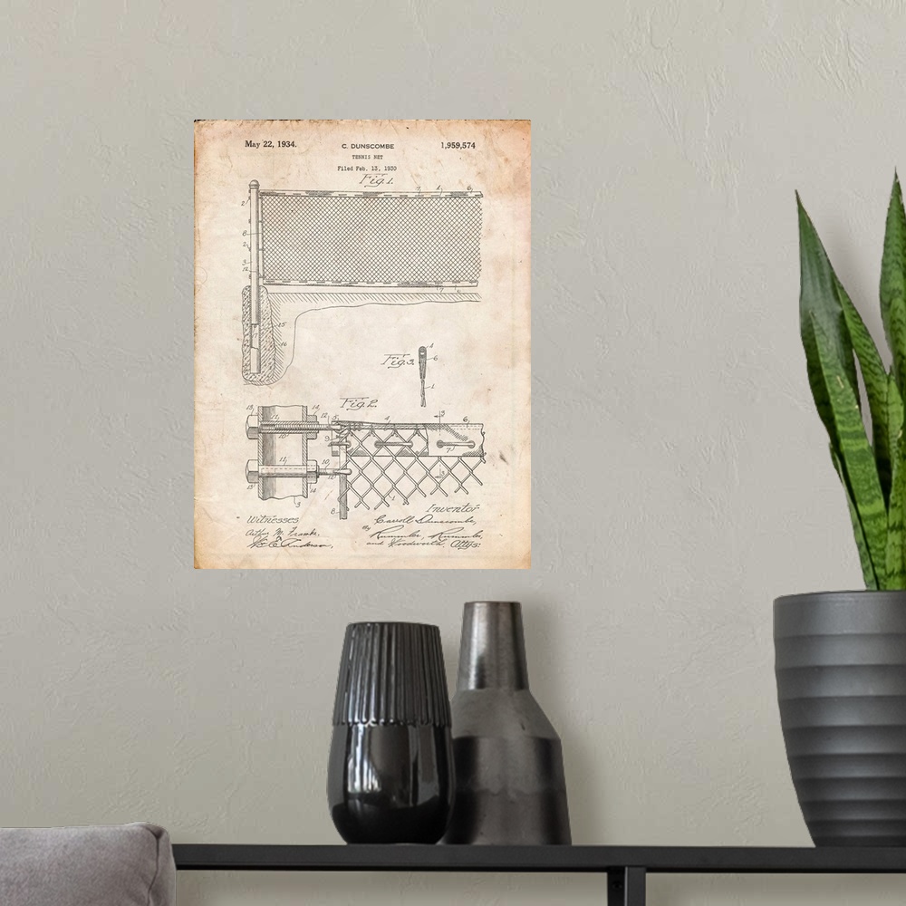 A modern room featuring Vintage Parchment Tennis Net Patent Poster