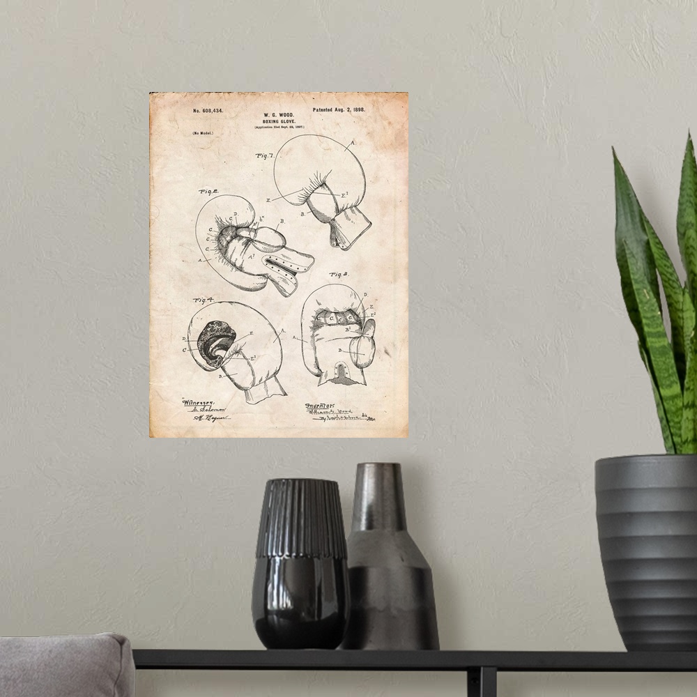 A modern room featuring Vintage Parchment Vintage Boxing Glove 1898 Patent Poster