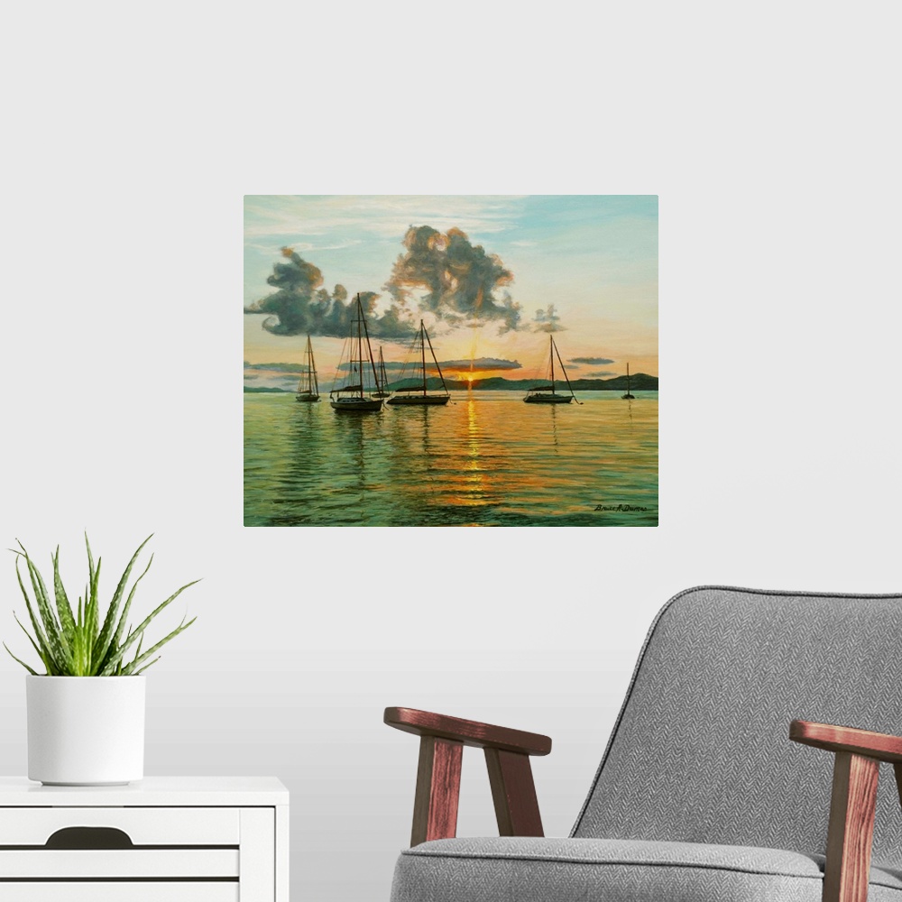 A modern room featuring Contemporary artwork of a cove with sailboats moored with islands in the background.