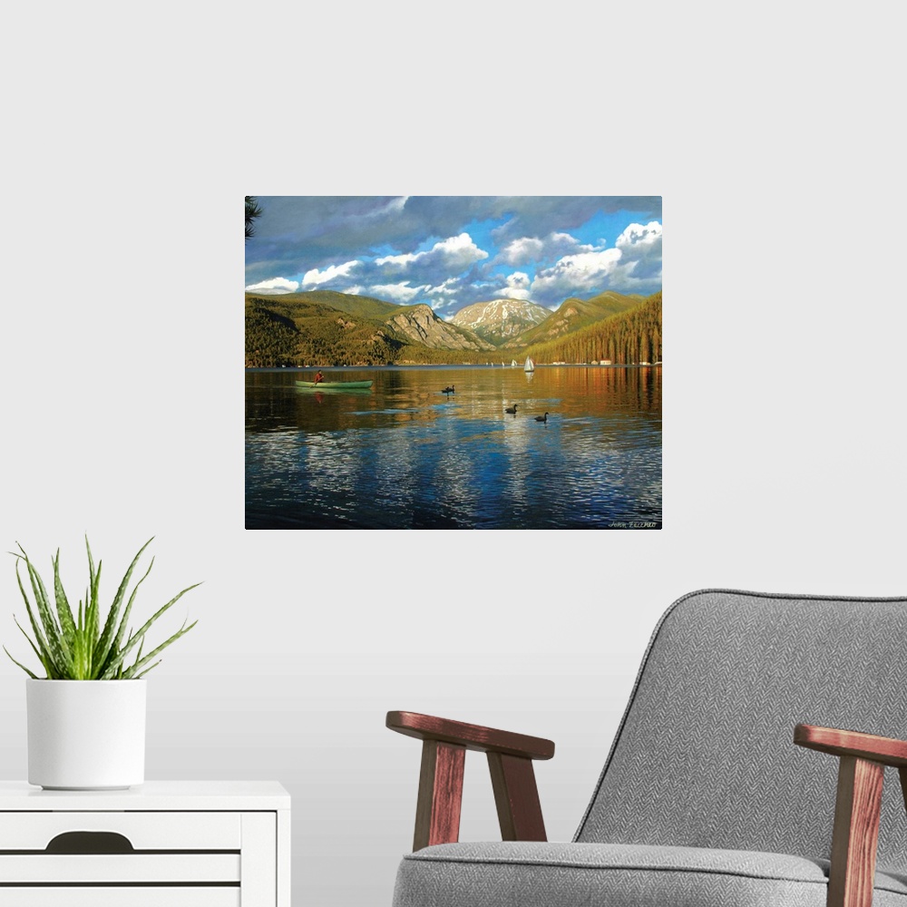 A modern room featuring a man in a canoe on Grand lake colorado