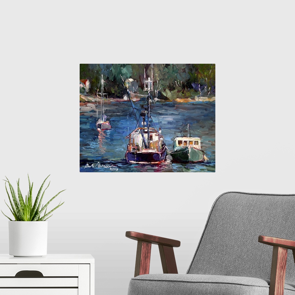 A modern room featuring Contemporary painting of a fishing boat in a harbor.