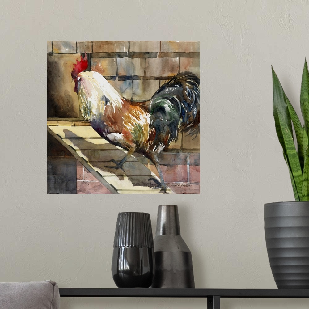 A modern room featuring Rooster walking up the plank into the hen house.
