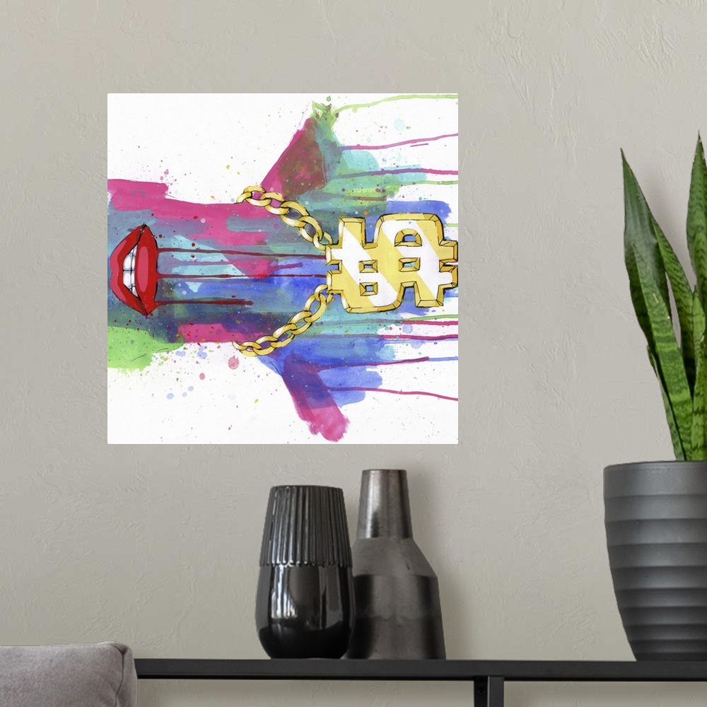 A modern room featuring Pop art painting of a large gold dollar sign pendant on the neck of a watercolor figure.