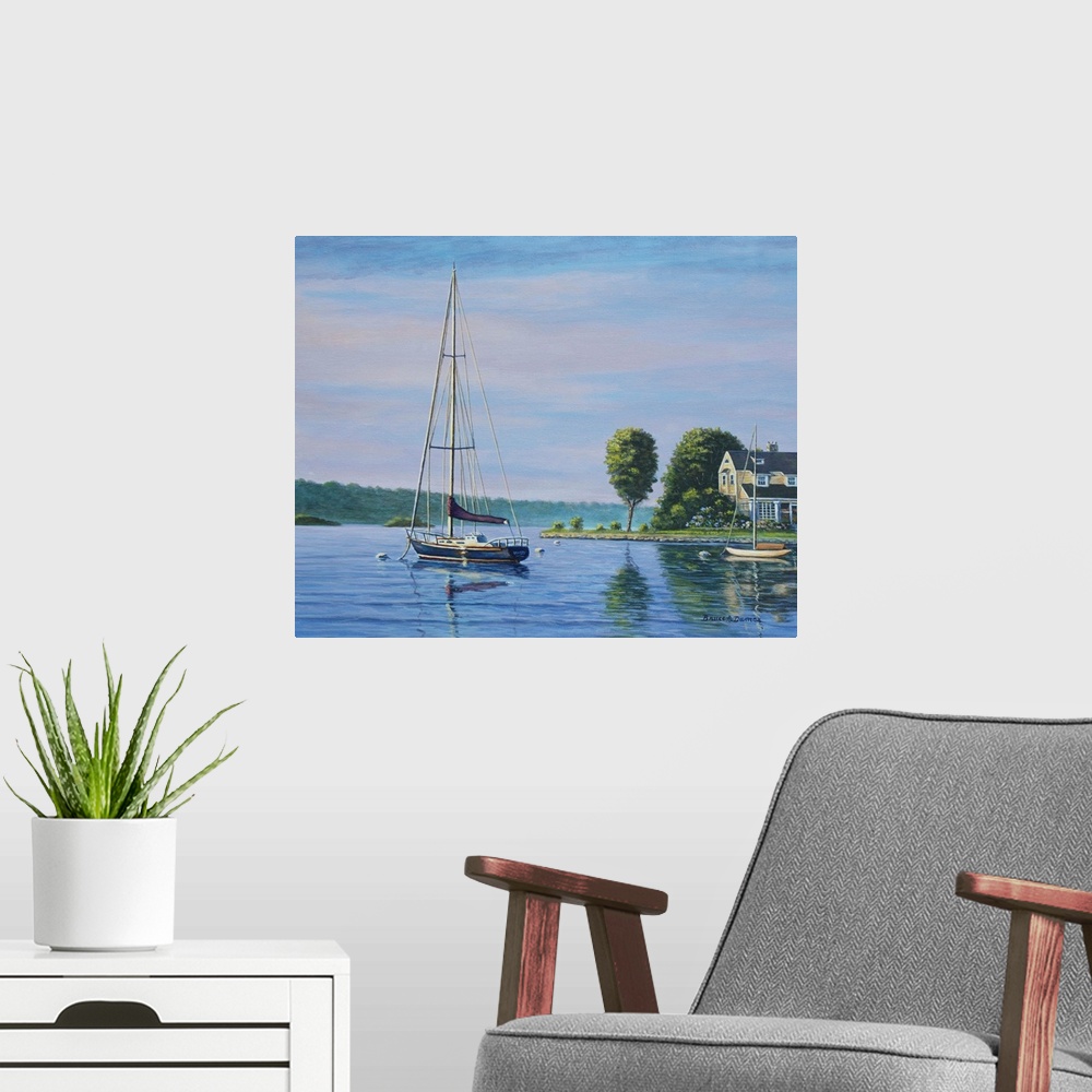 A modern room featuring Contemporary artwork of a sail boat next to a house.