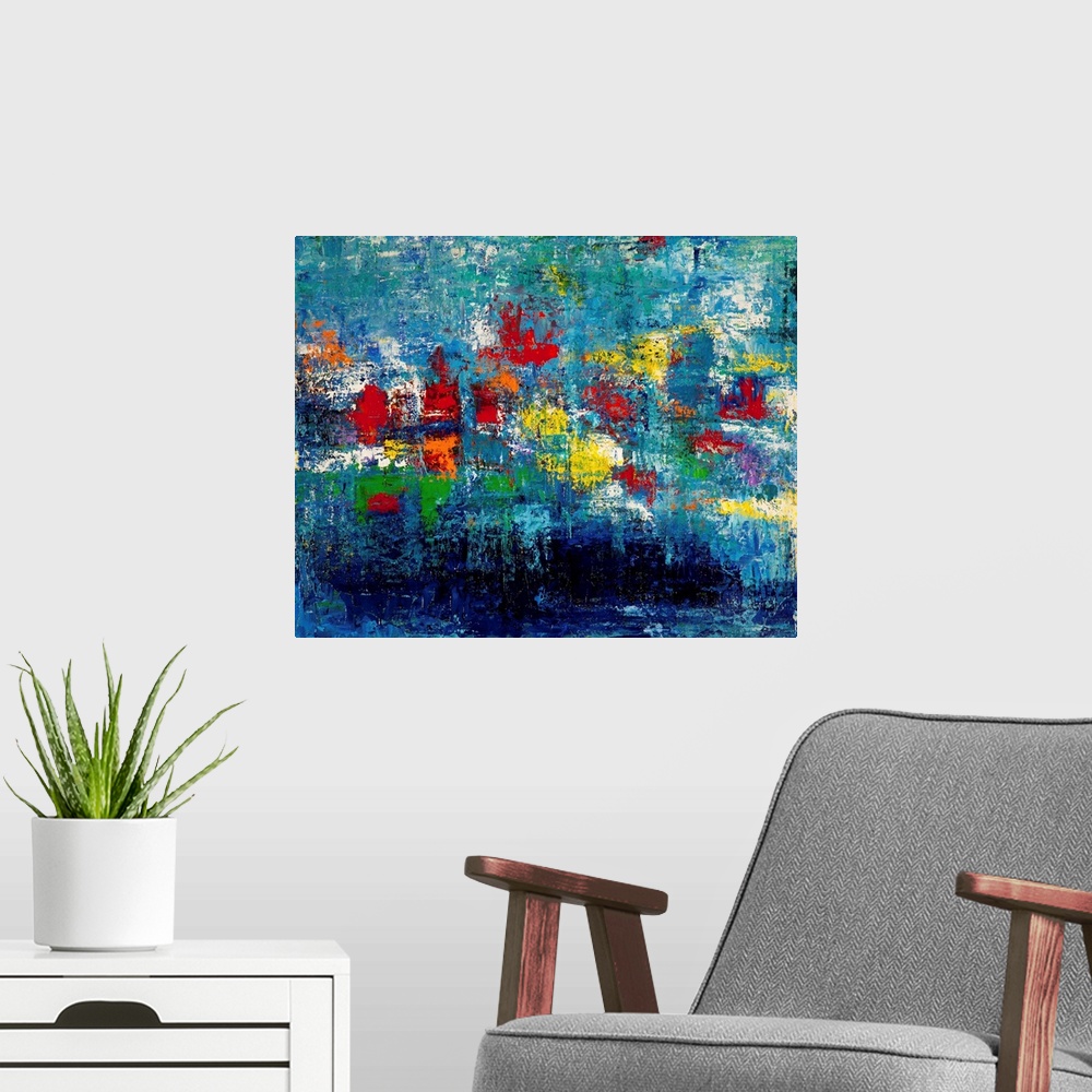 A modern room featuring Contemporary abstract painting in rainbow colors.