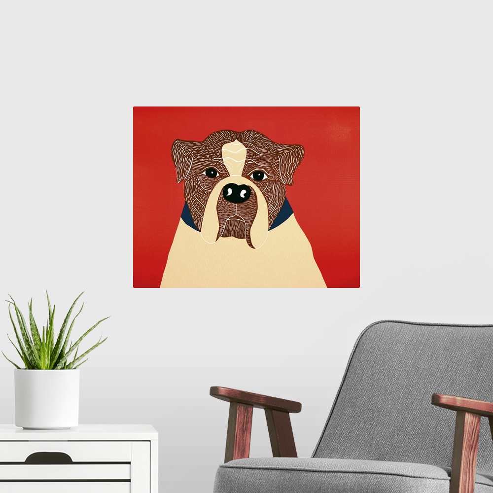 A modern room featuring Illustrated portrait of a boxer on a red background.