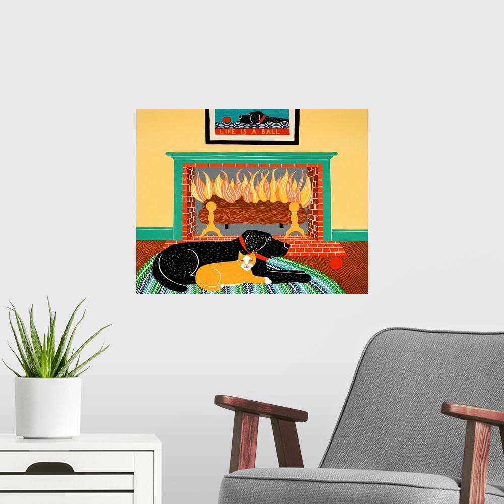 A modern room featuring Illustration of a black lab laying on a rug in front of a fireplace with an orange cat.