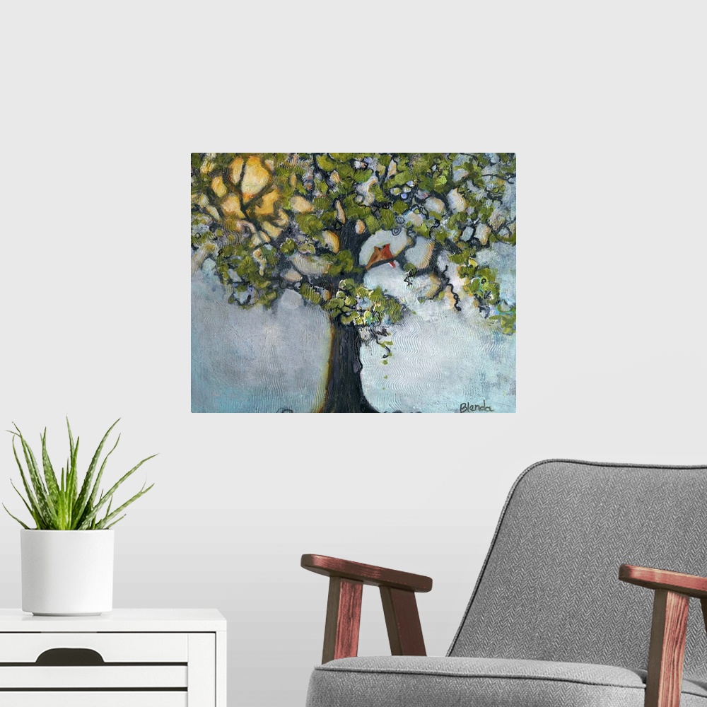 A modern room featuring Lighthearted contemporary painting of a tree with birds perched on the on the branches.
