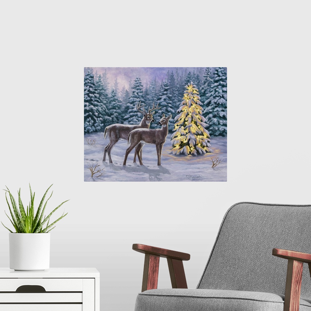 A modern room featuring A pair of deer standing in the snow next to a lit Christmas tree.