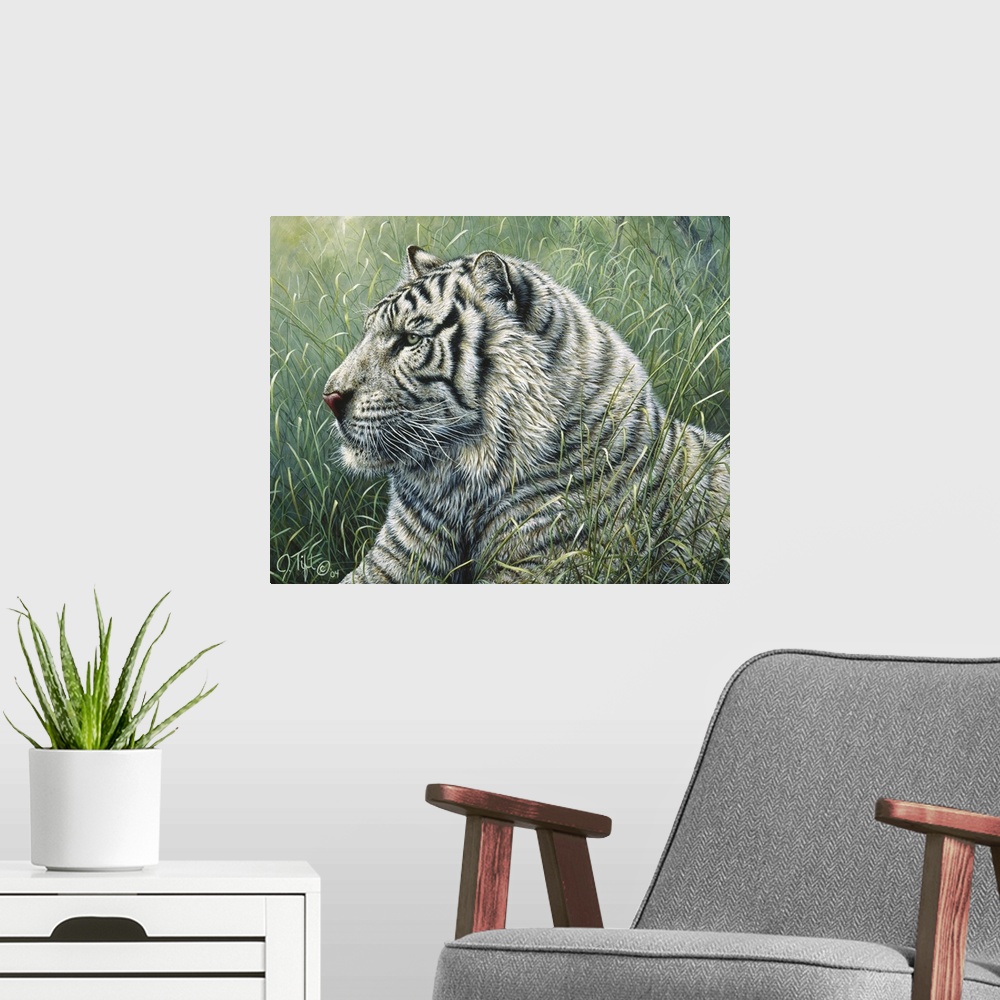 A modern room featuring white tiger in grass
