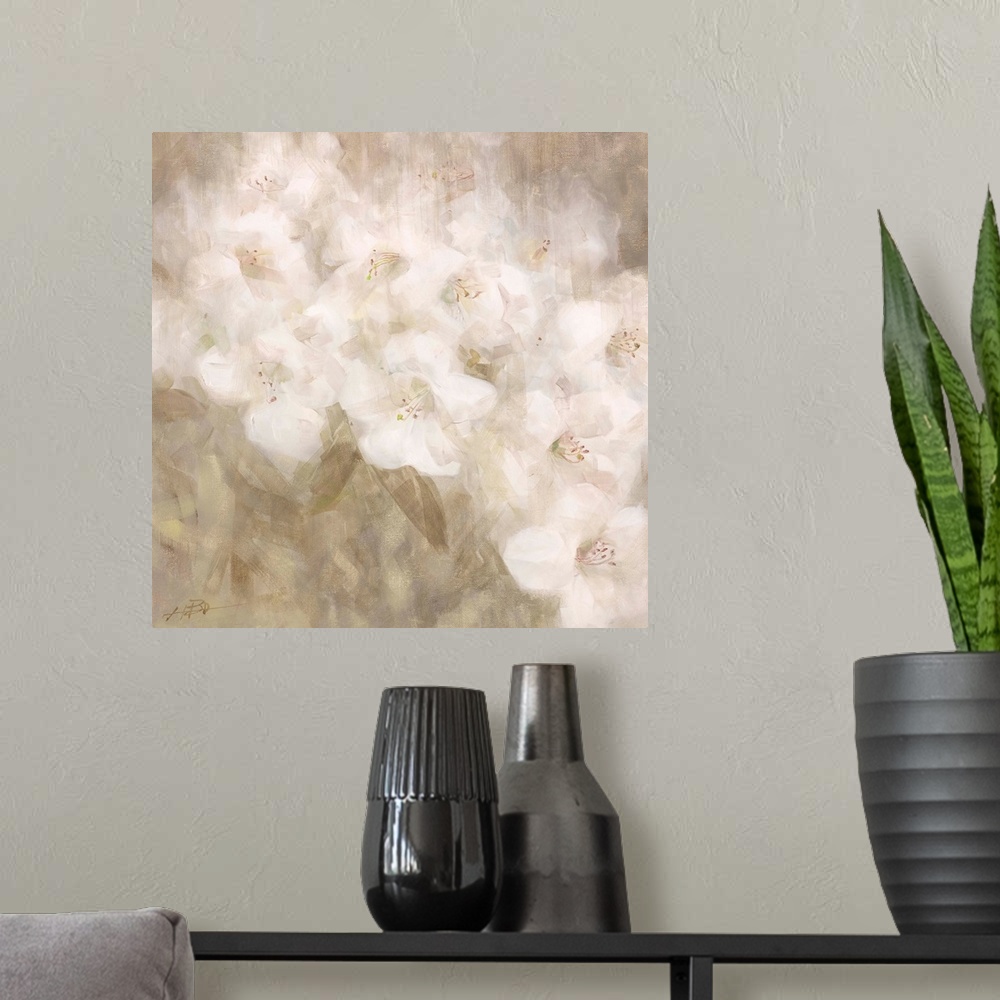 A modern room featuring Contemporary painting of a group of white flowers.