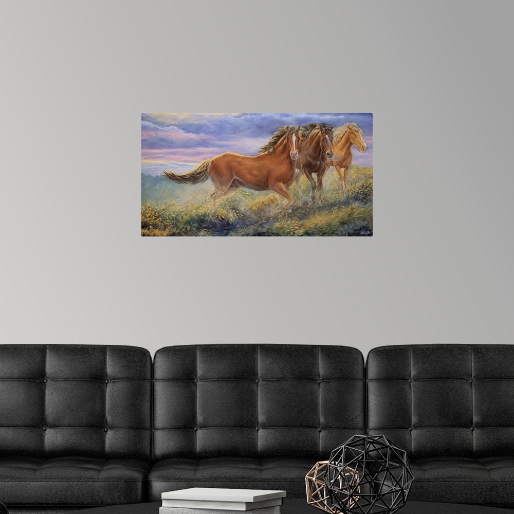 A modern room featuring three horses