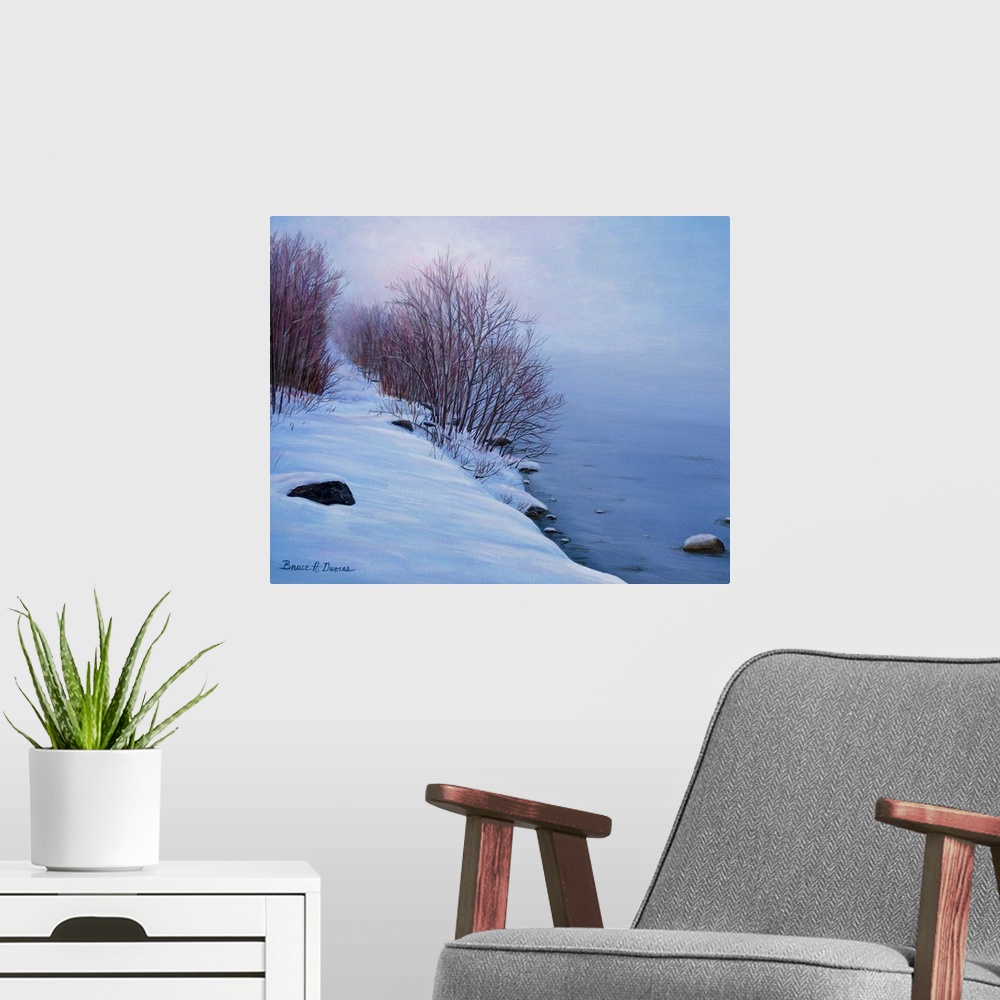 A modern room featuring Contemporary artwork of a winter coast scene.