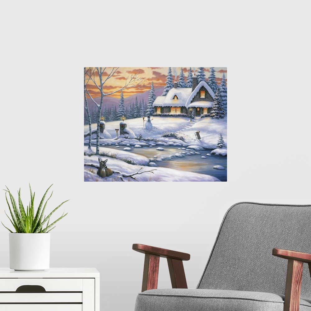 A modern room featuring A deer lying in the snow across the river from a home decorated with a wreath on the door, a snow...
