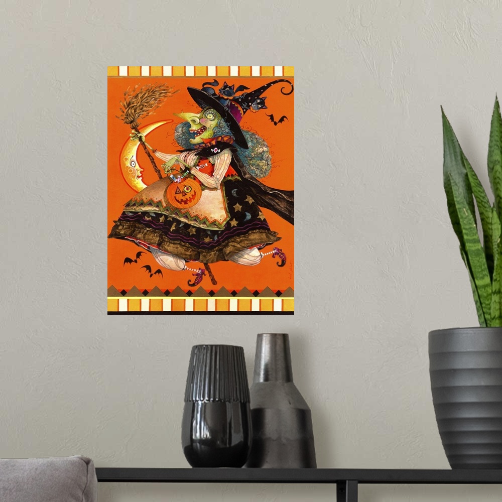 A modern room featuring Contemporary artwork of a spooky witch in a happy stride with her head surrounded by bats.