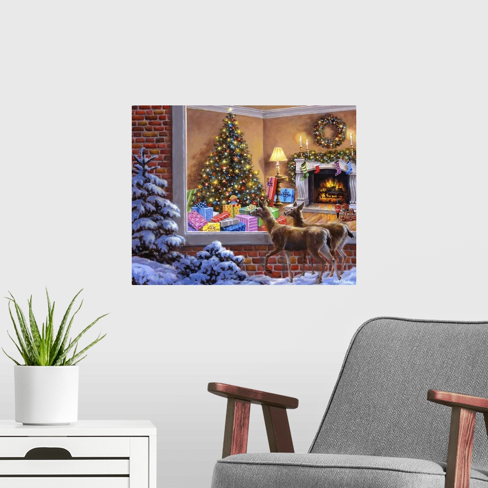 A modern room featuring Painting of an indoor scene featuring a large Christmas tree. Product is a painting reproduction ...
