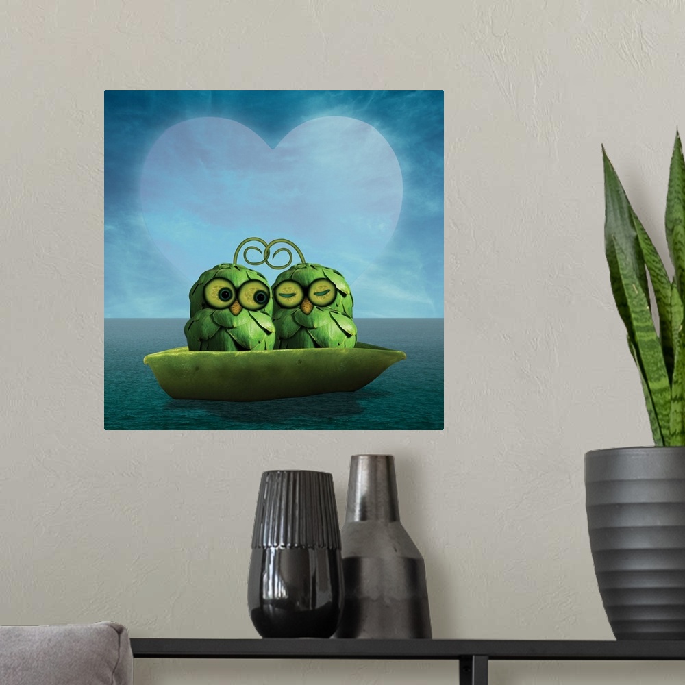 A modern room featuring Two cute owls in a boat on the ocean, in love with each other and enjoying being together.
