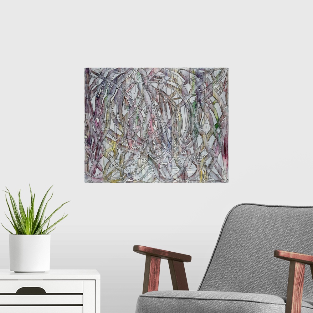 A modern room featuring Painting of the unseen system of trees in subtle tones.