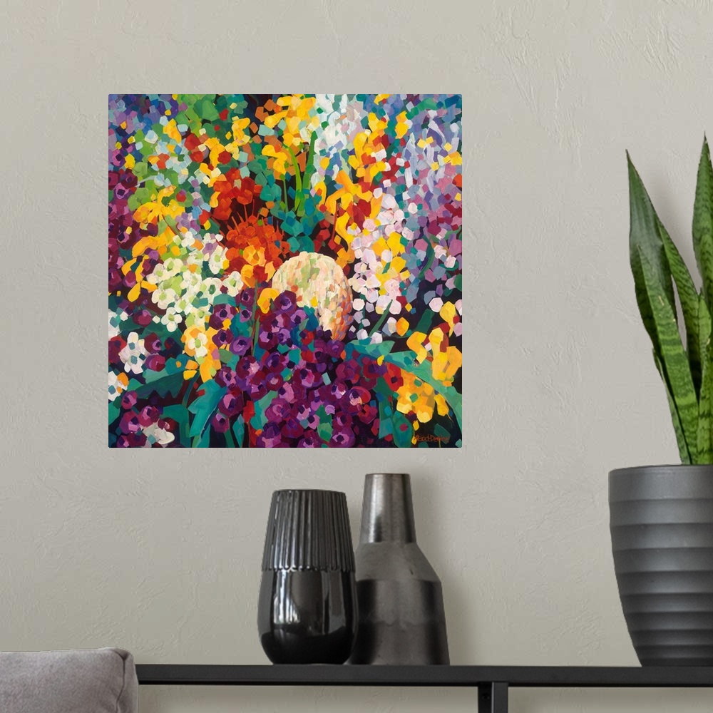 A modern room featuring Contemporary painting of flowers in a floral arrangement using square brushstrokes of many colors.