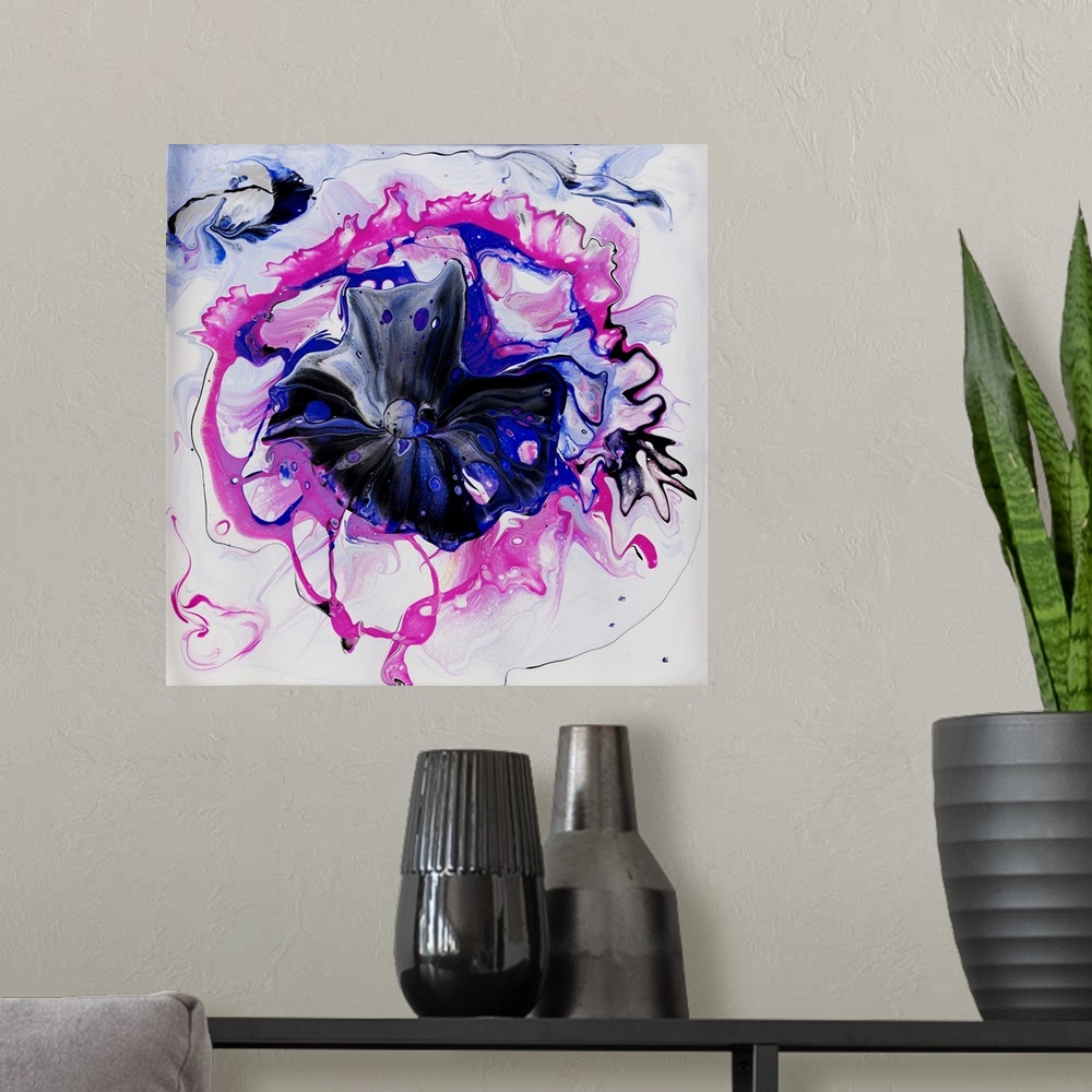 A modern room featuring Pour painting of a flower in vibrant pink and blue colors on a white, ample background for added ...