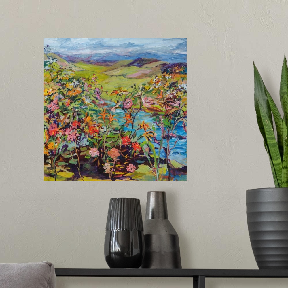 A modern room featuring Contemporary impressionist painting with colorful flowers and fruit in a landscape.