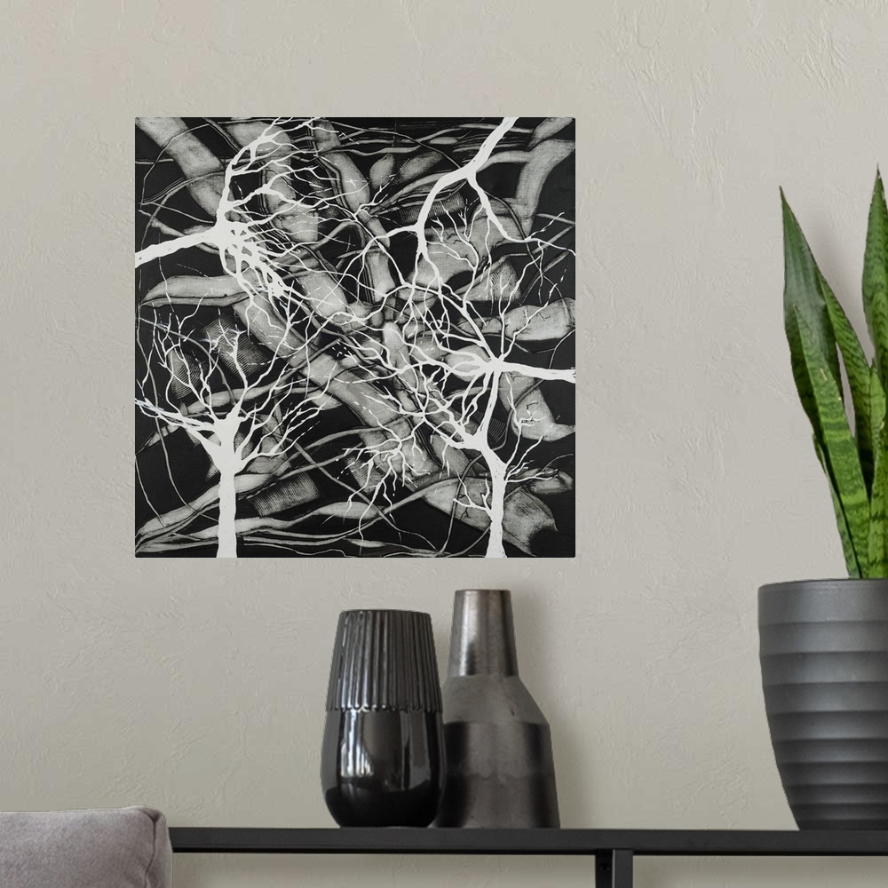 A modern room featuring Painting on canvas of natural form in black and white.