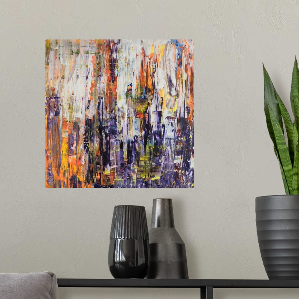 A modern room featuring Painting on canvas of woodlands in purple and orange.