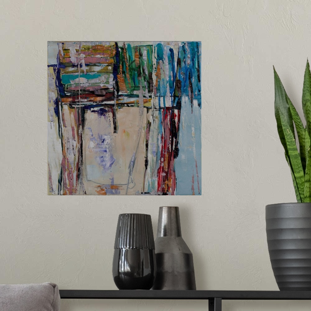 A modern room featuring An abstract painting of a play of tonal variations and forms coupled voids; initially created by ...