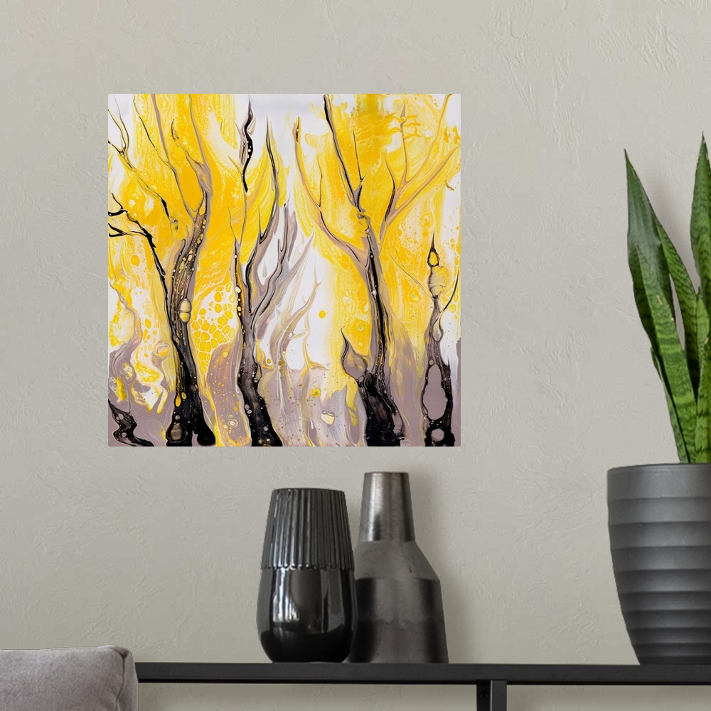 A modern room featuring Pour painting of the wattle grove with dense clusters of fluffy yellow flowers on the delicate br...