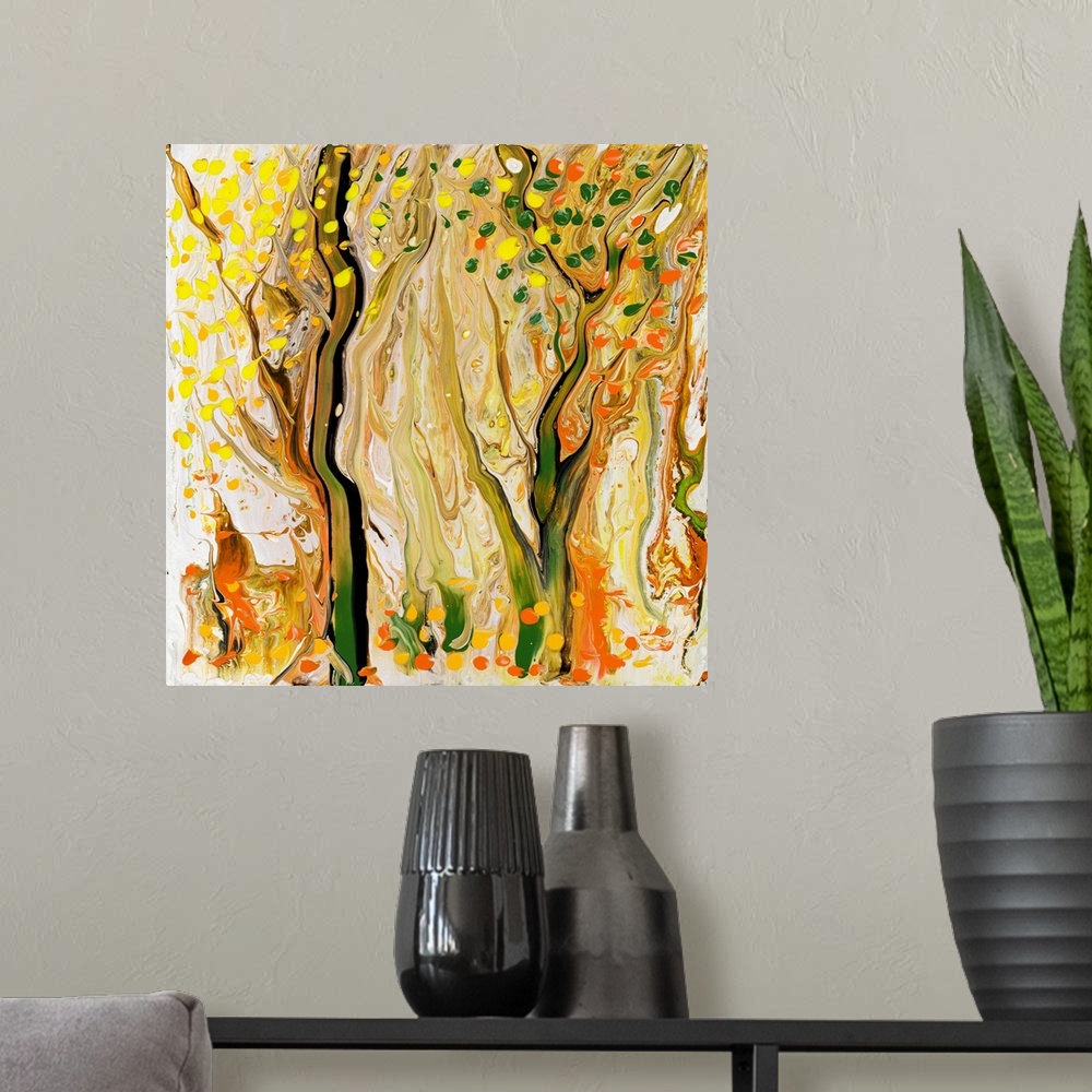 A modern room featuring Pour painting of a forest in warm tones using thick brushstrokes and paint marks at the front for...