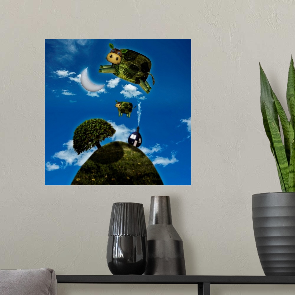 A modern room featuring Inspired by the children's song, here is a version of cows jumping over the moon.