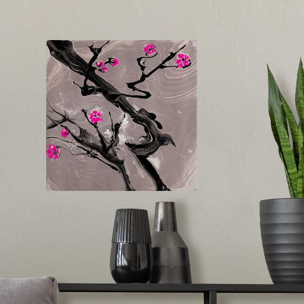 A modern room featuring Close-up painting of cherry blossom in pouring technique that resembles reflection in a paddle an...