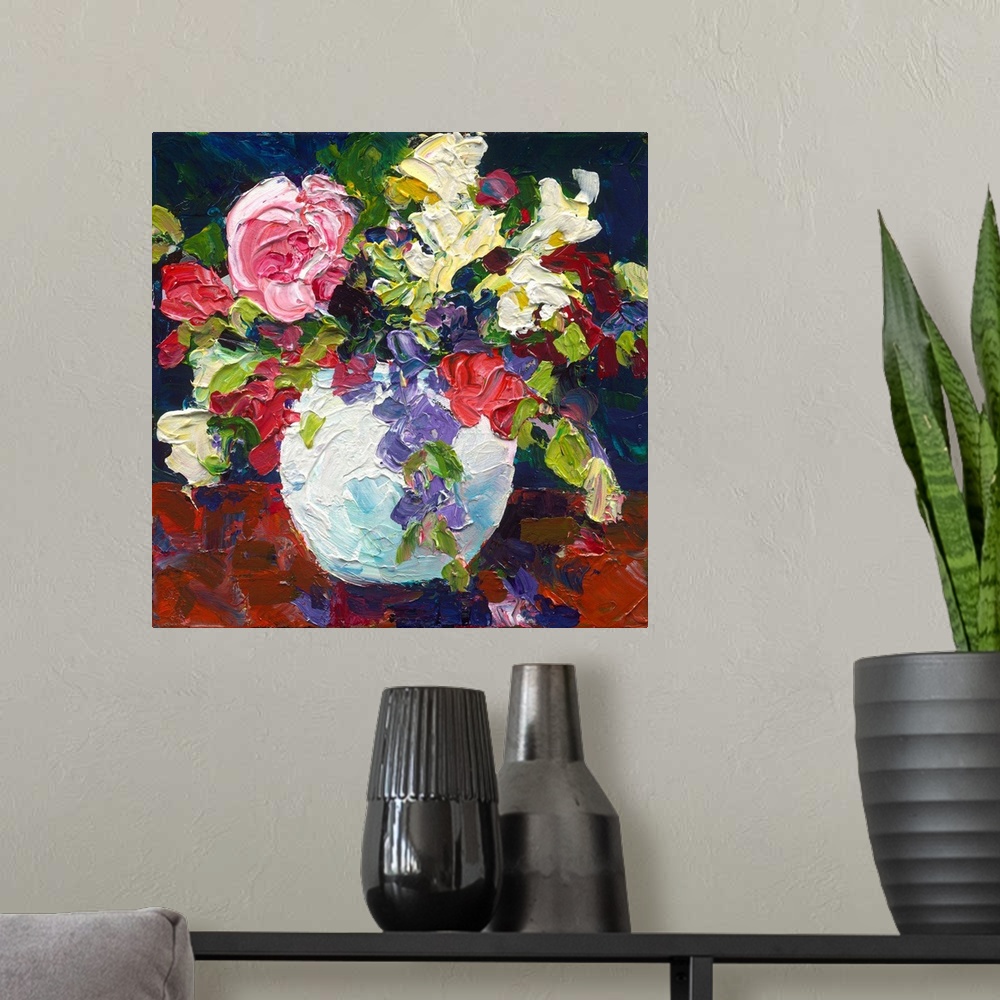 A modern room featuring Roses and foliage in a white vase painted with thick textured paint.