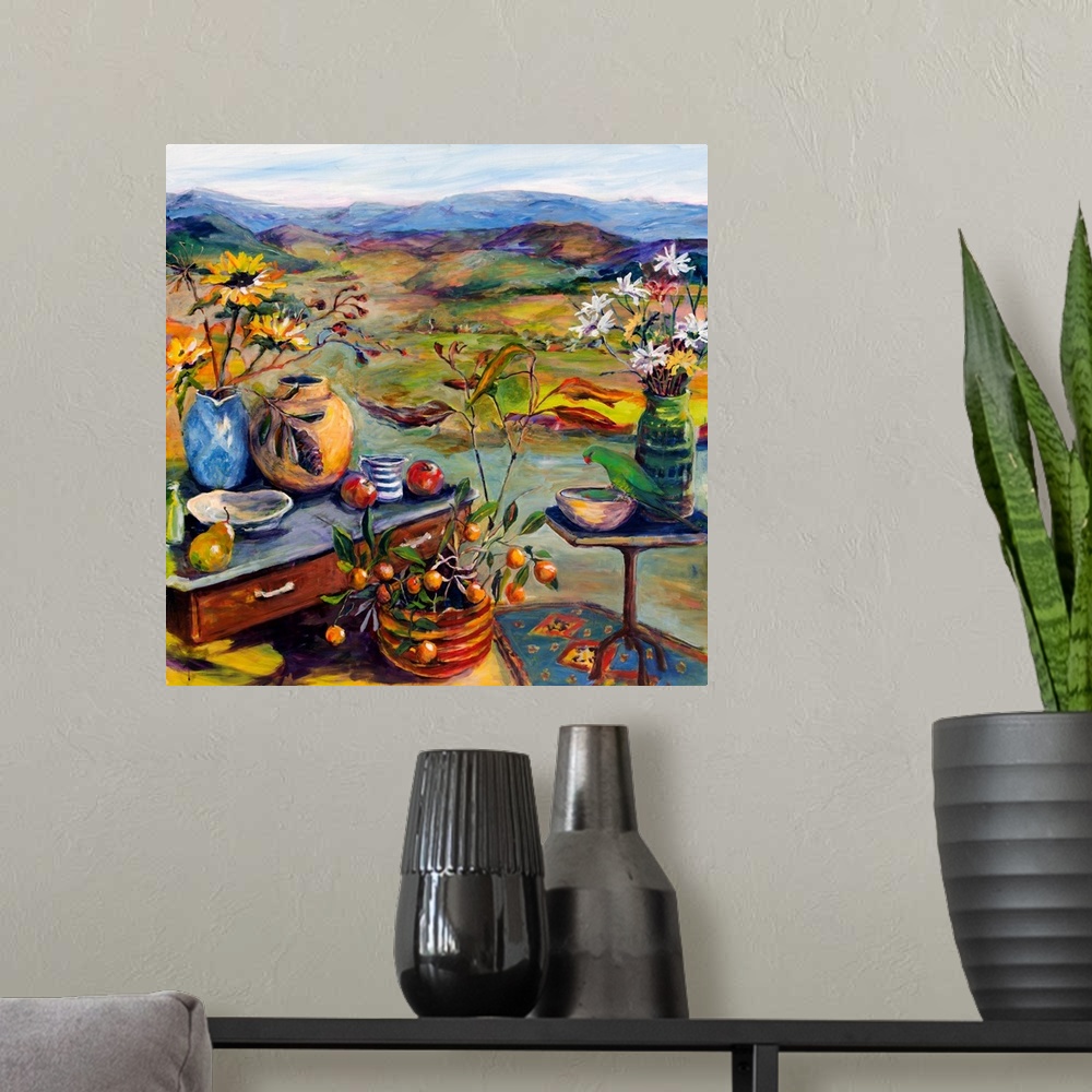 A modern room featuring Colorful landscape and still life with flowers, fruit, and birds.