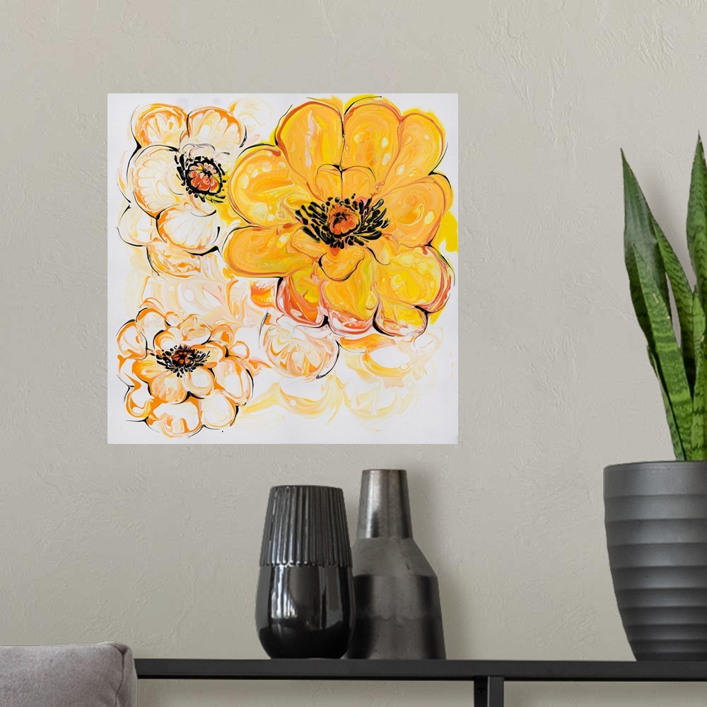 A modern room featuring Pour painting of cheerful yellow-orange flowers with plump, rounded shapes and fine black outline...