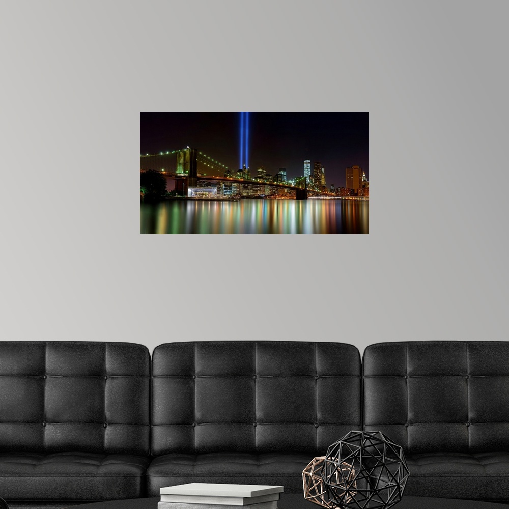 A modern room featuring Tribute In Light Panoramic View With Lower Manhattan And Brooklyn Bridge