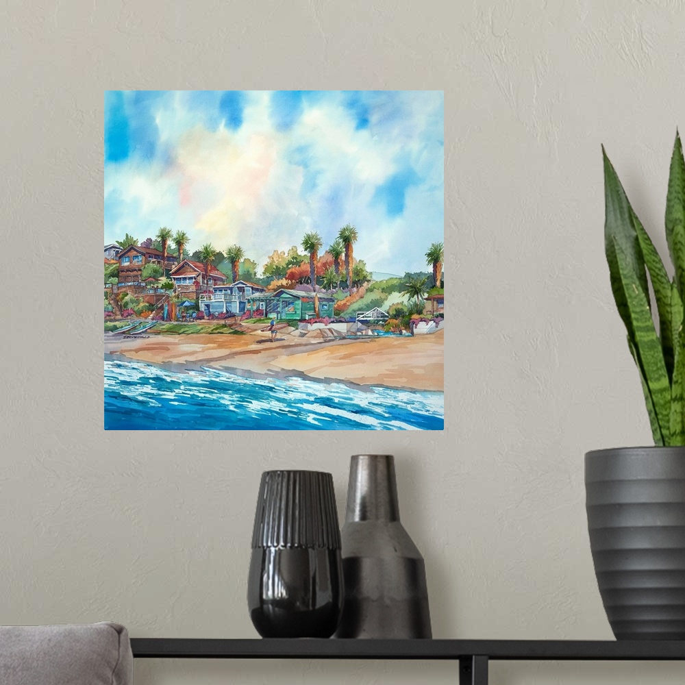 A modern room featuring Watercolor of the bungalows in Crystal Cove, Newport Beach, California.