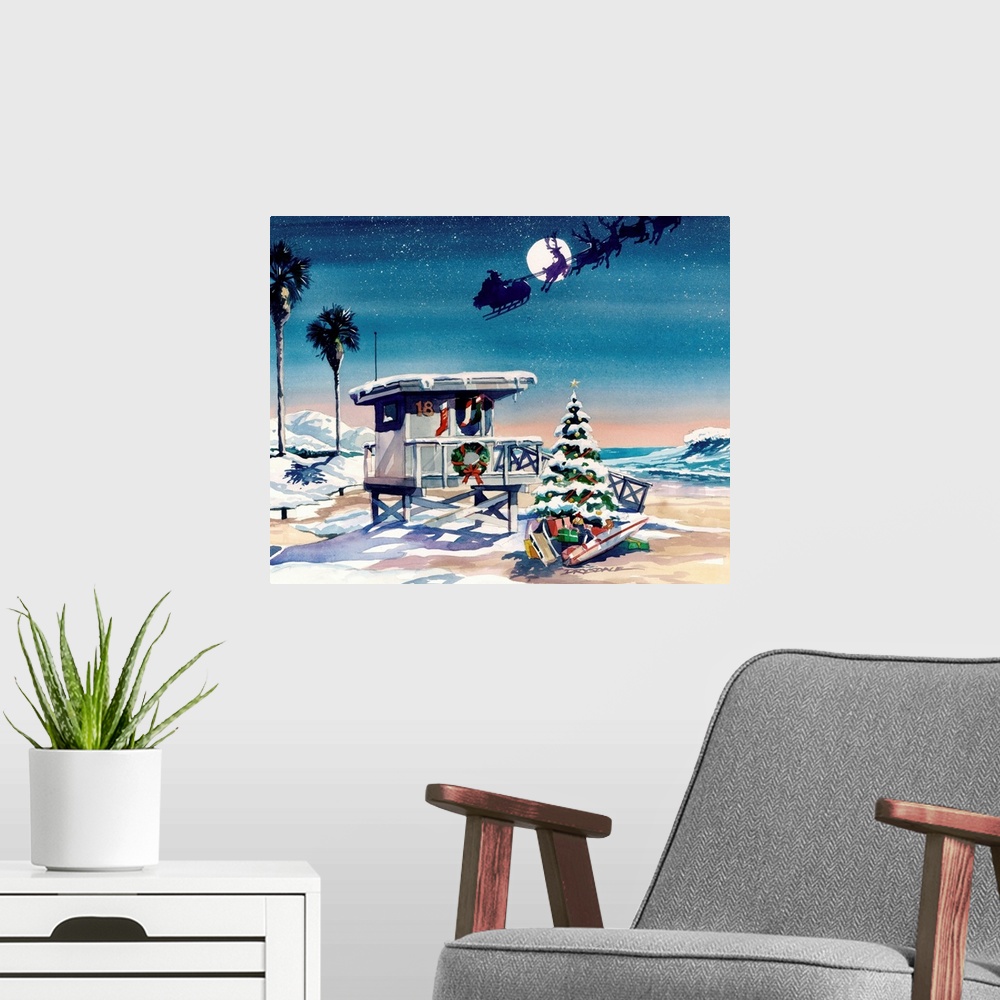 A modern room featuring Watercolor painting of a snowy beach scene with a decorated lifeguard stand and Christmas tree, a...