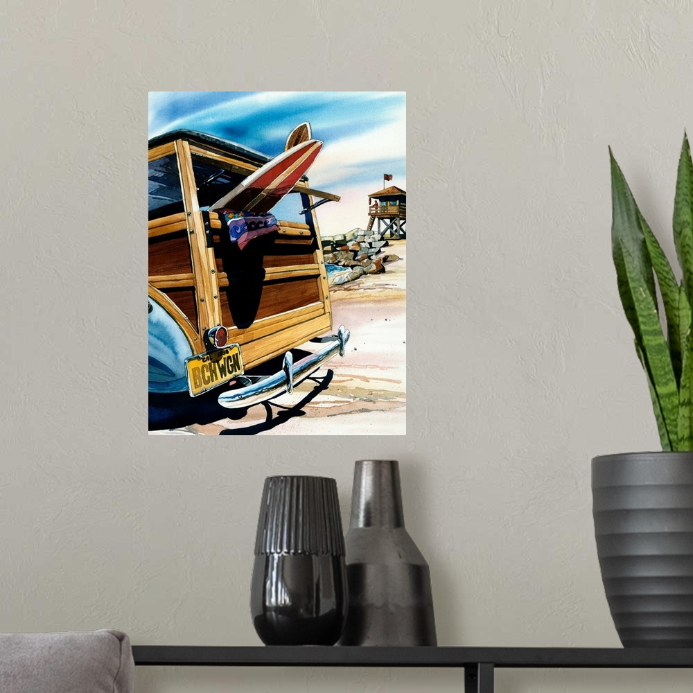 A modern room featuring Watercolor of a woodie surf wagon at Salt Creek Beach in Dana Point CA