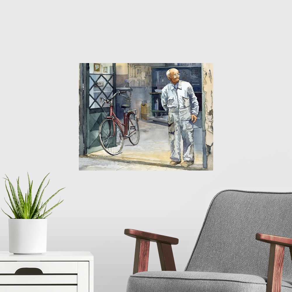 A modern room featuring Watercolor painting of a bicycle Repairman in Lucca, Italy