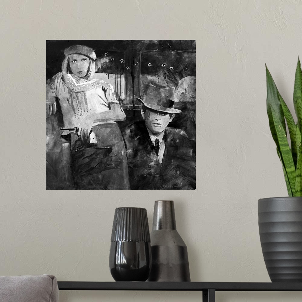 A modern room featuring Black and white image of my Bonnie and Clyde on a square canvas.