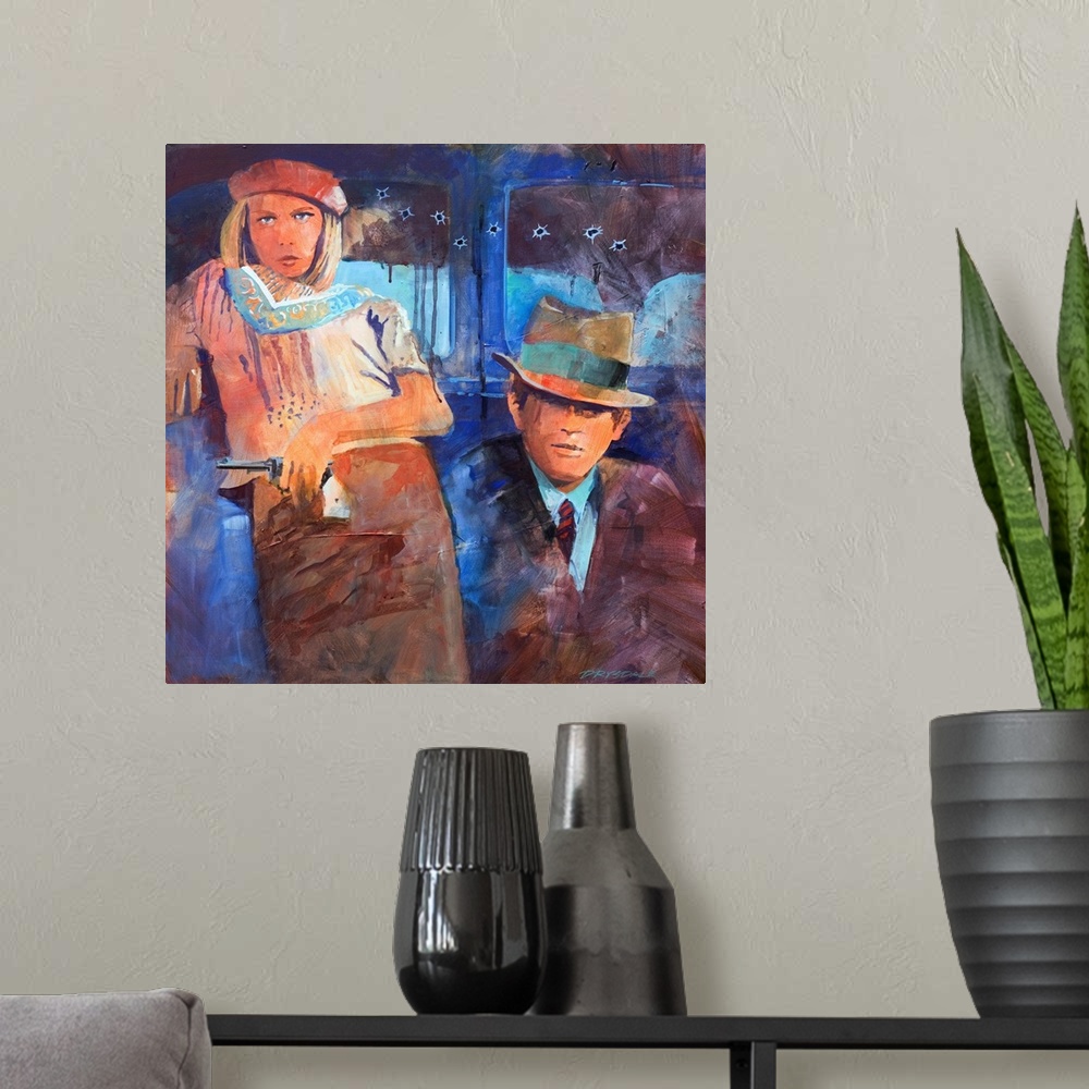A modern room featuring Painted portrait of Bonnie and Clyde leaning up against a blue car with bullet holes in it.