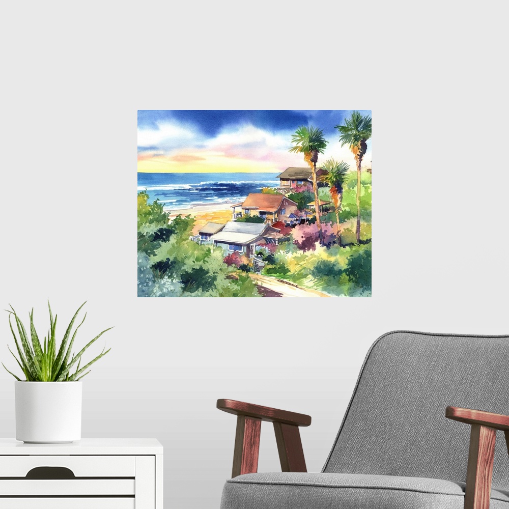 A modern room featuring Watercolor of Crystal Cove, Laguna Beach, CA.
